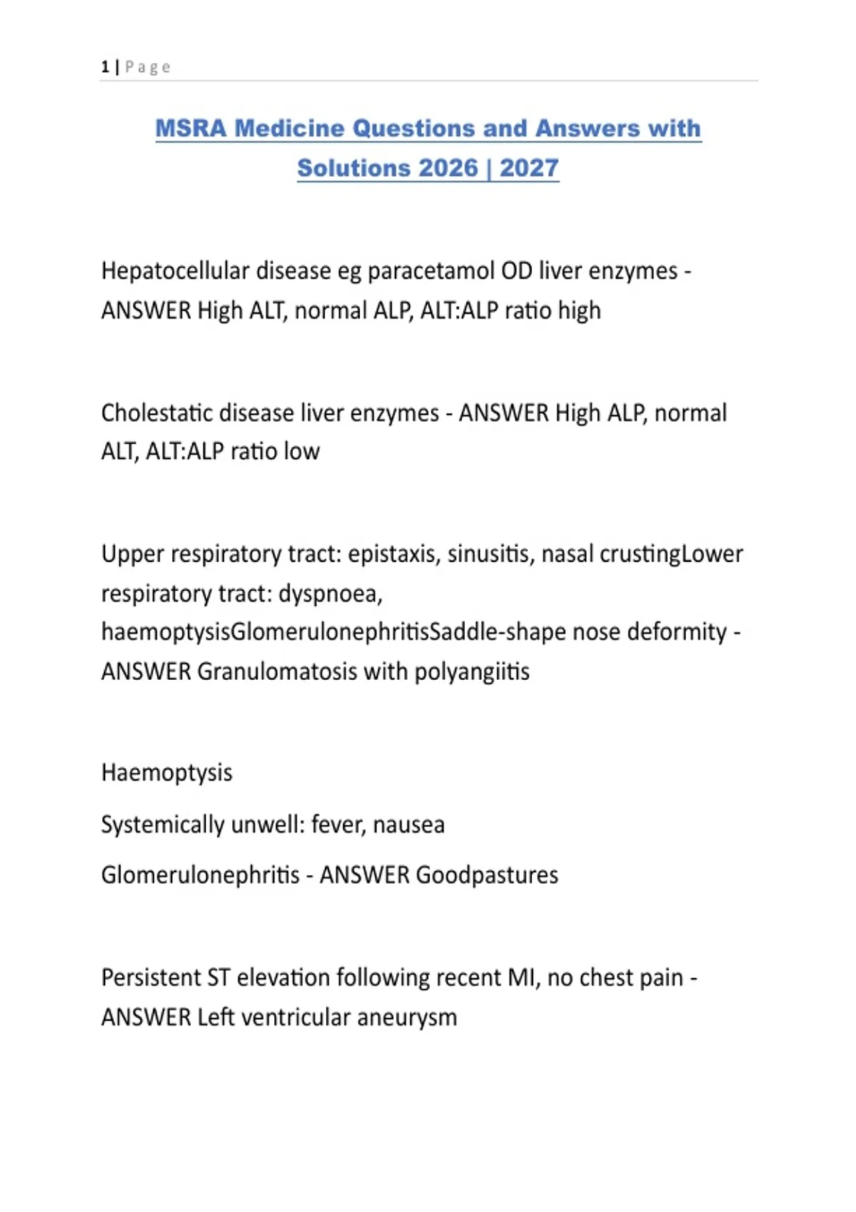 MSRA Medicine Questions and Answers with Solutions 2026 | 2027. - MSRA ...