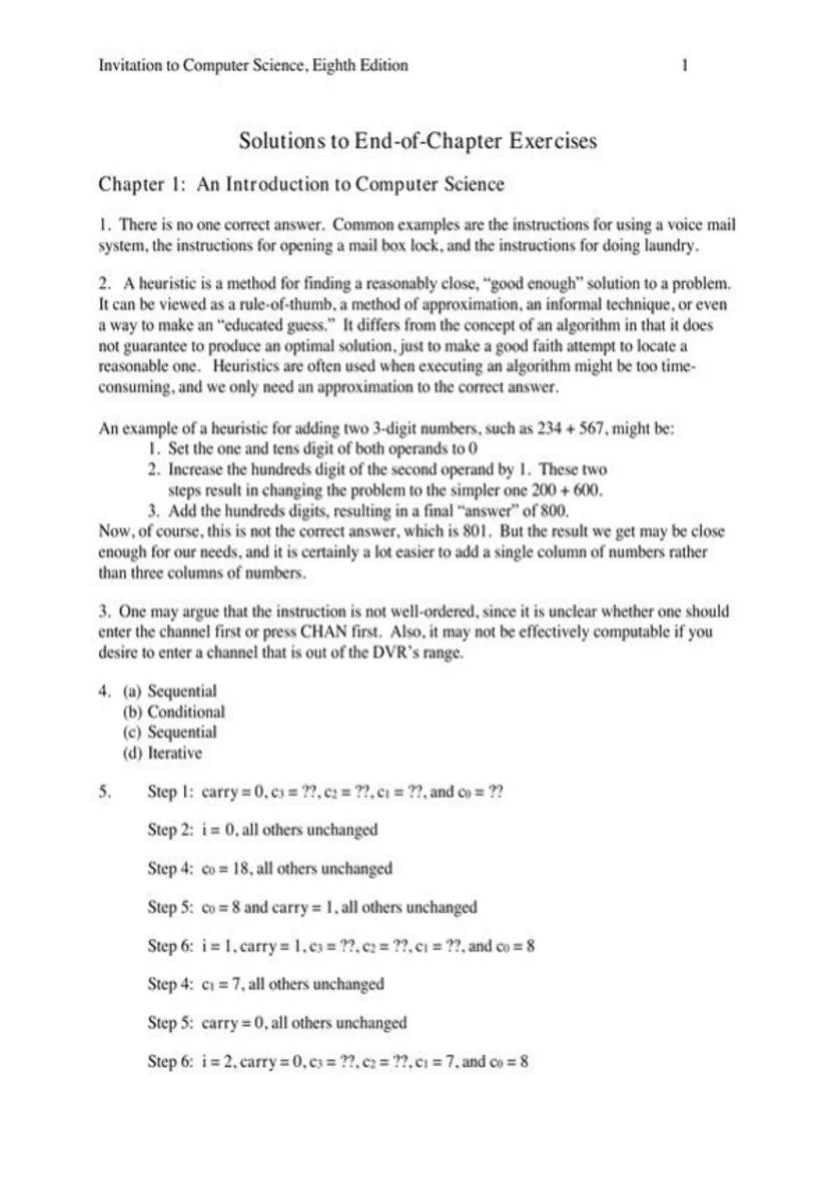 Summary solutions manual, textbook answers: Invitation to Computer ...