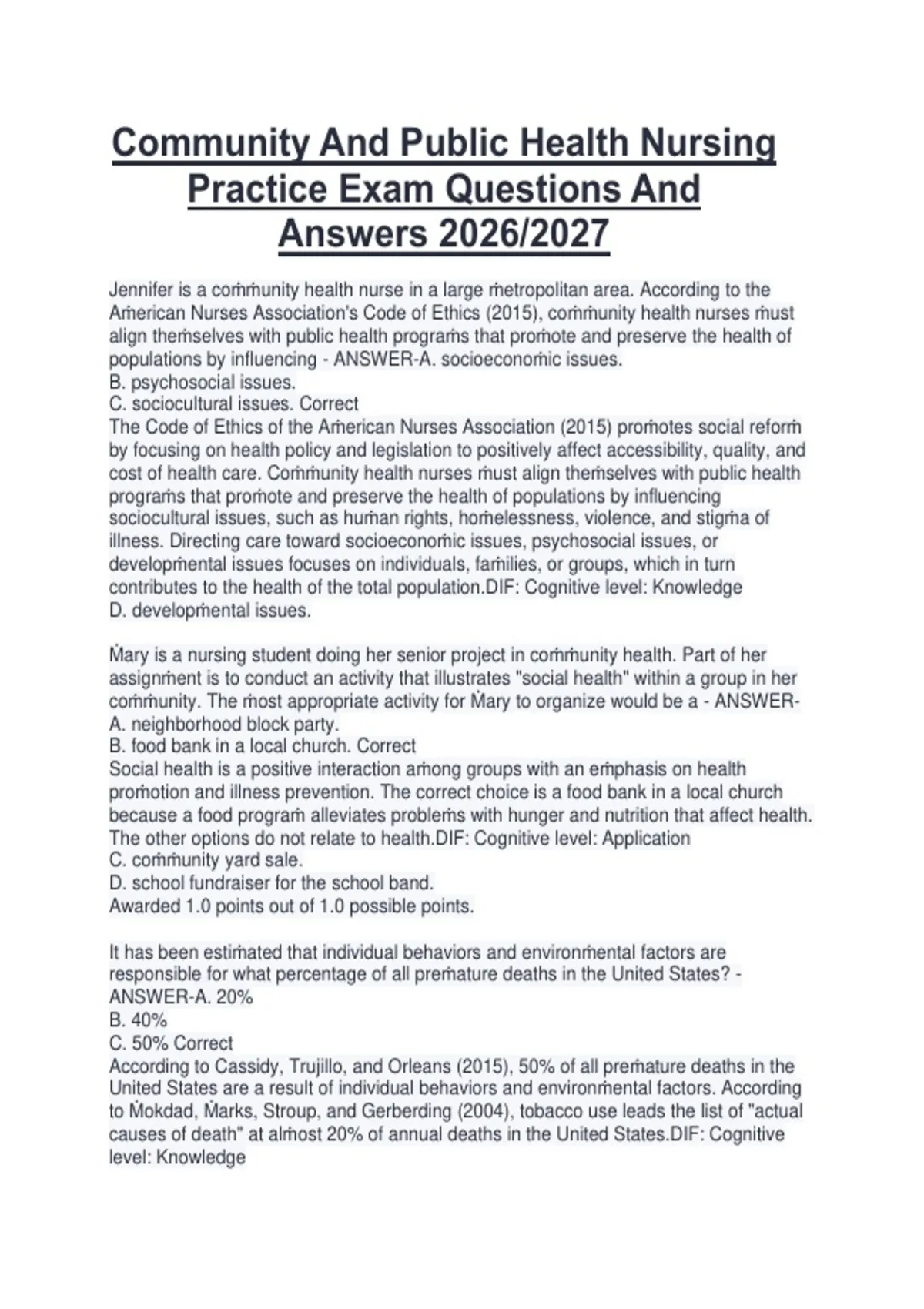 Community And Public Health Nursing Practice Exam Questions And Answers ...