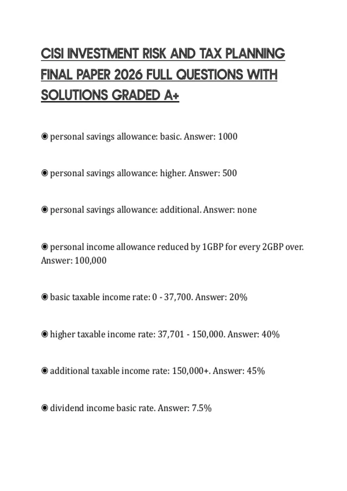 CISI INVESTMENT RISK AND TAX PLANNING FINAL PAPER 2026 FULL QUESTIONS ...