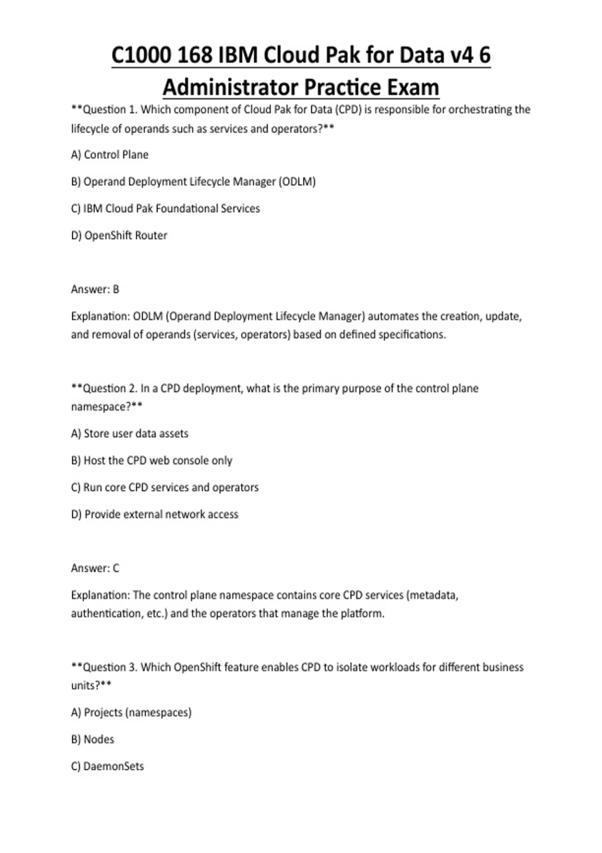 C1000 168 IBM Cloud Pak for Data v4 6 Administrator Practice Exam ...