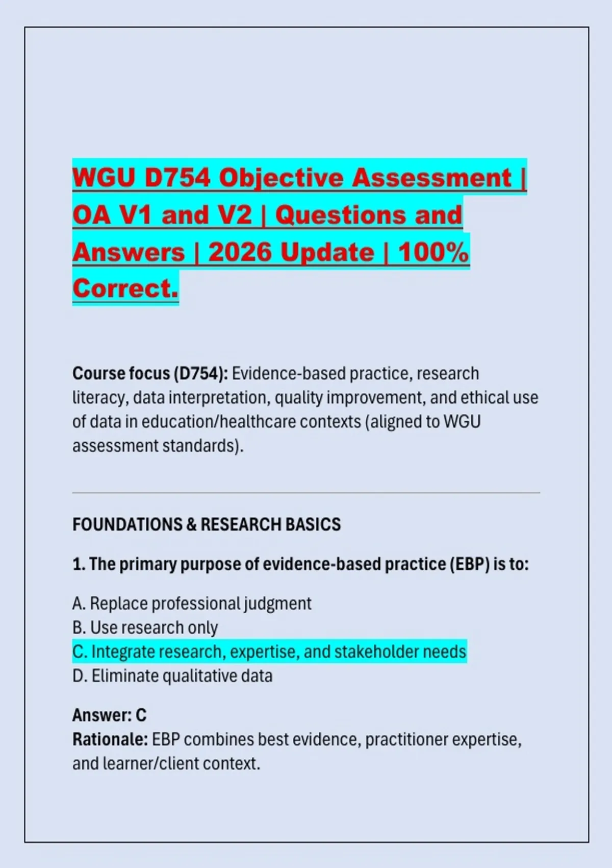 WGU D754 Objective Assessment | OA V1 and V2 | Questions and Answers ...