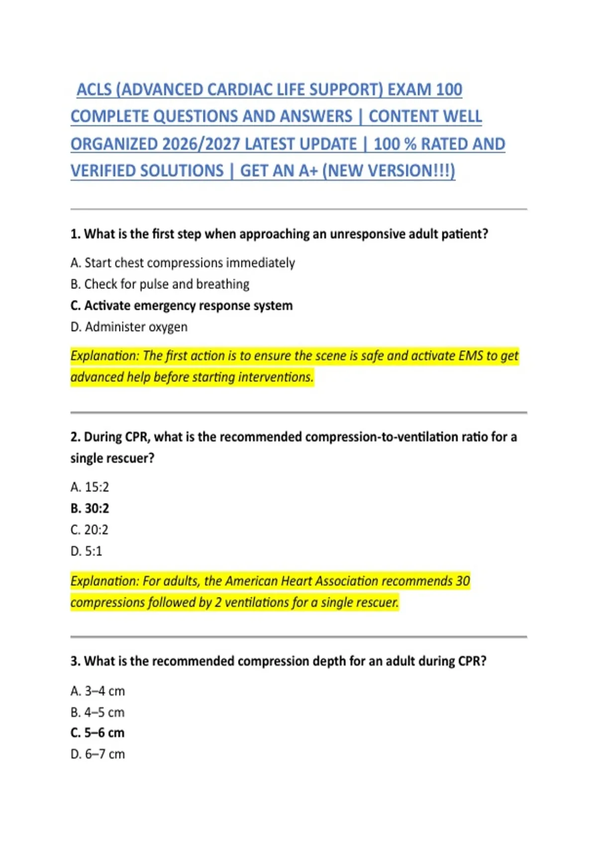 ACLS (ADVANCED CARDIAC LIFE SUPPORT) EXAM 100 COMPLETE QUESTIONS AND ...