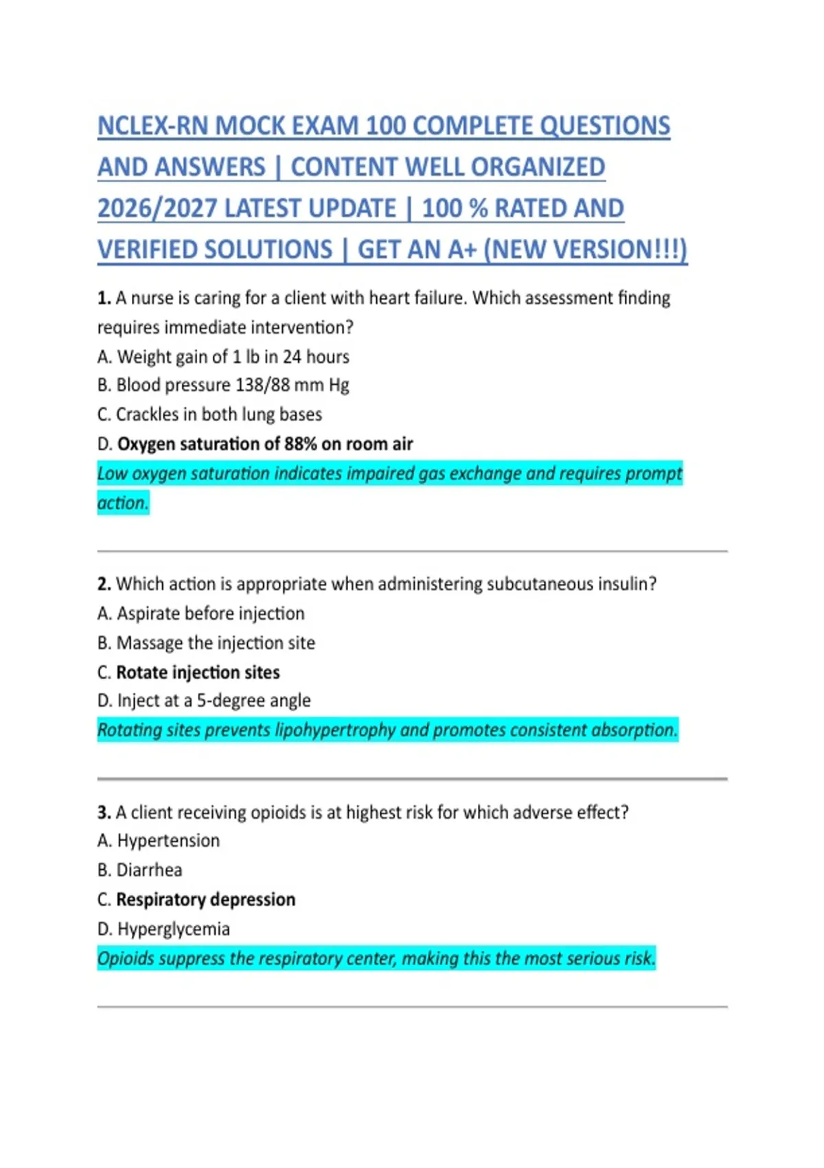 NCLEX-RN MOCK EXAM 100 COMPLETE QUESTIONS AND ANSWERS | CONTENT WELL ...