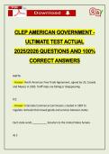 CLEP AMERICAN GOVERNMENT - ULTIMATE TEST ACTUAL 2026 QUESTIONS AND 100&percnt; CORRECT ANSWERS