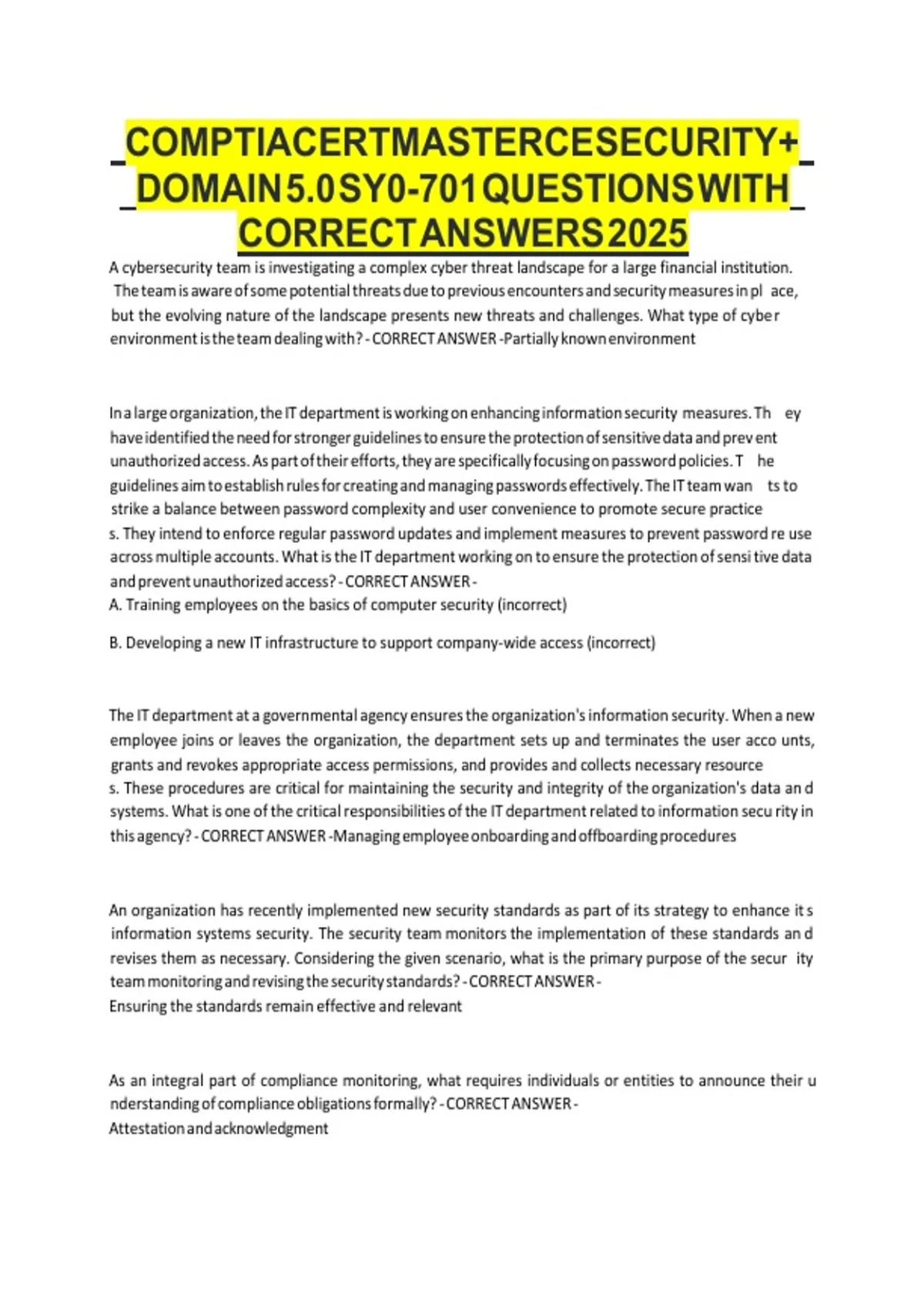 COMPTIA CERTMASTER CE SECURITY+ DOMAIN 5.0 SY0-701 QUESTIONS WITH ...
