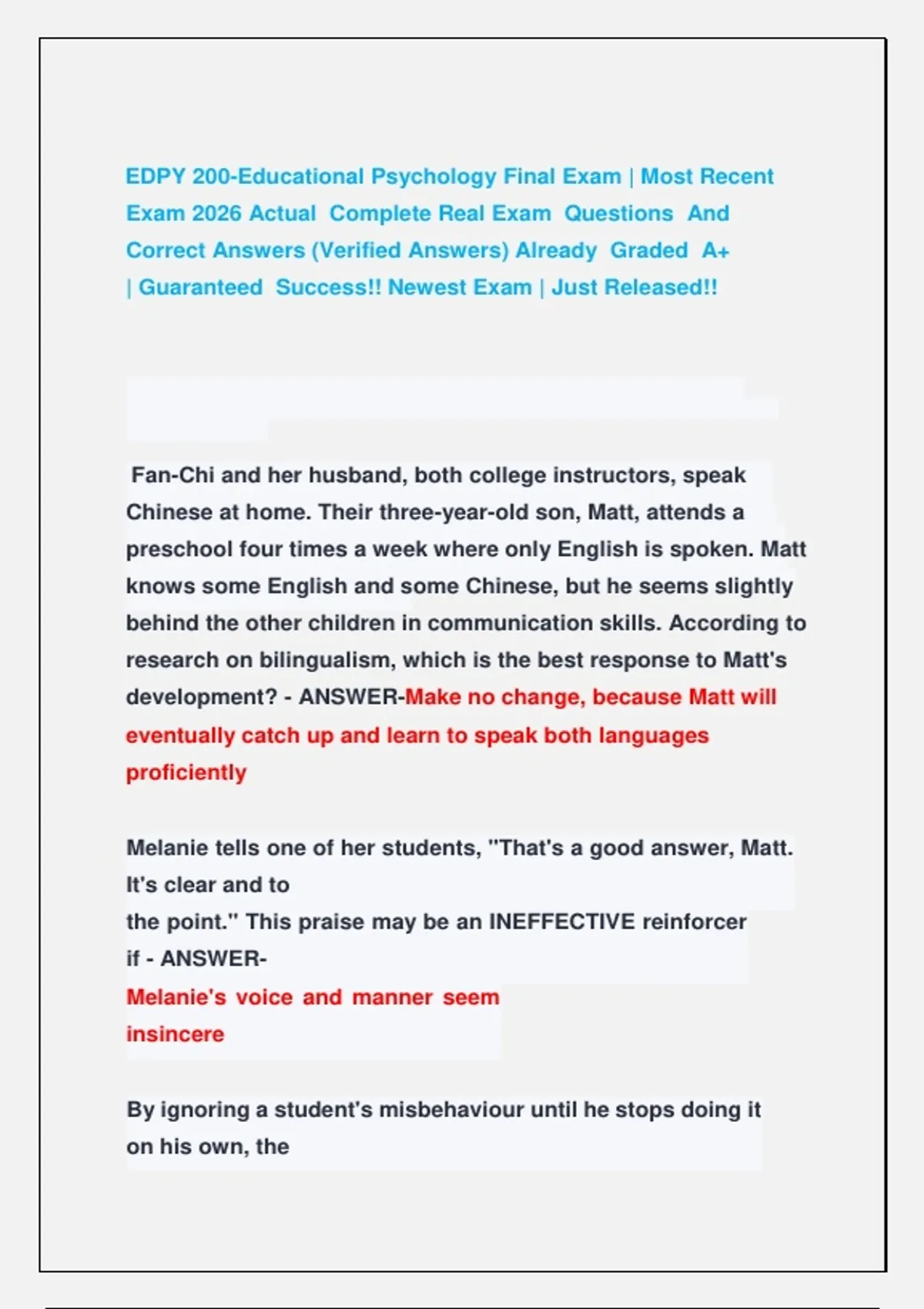 EDPY 200-Educational Psychology Final Exam | Most Recent Exam 2026