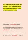 Real Estate Salesperson License Exam  Questions &sol; Real Estate Salesperson  License Exam Questions & Answers &vert;  Complete Exam Prep Guide