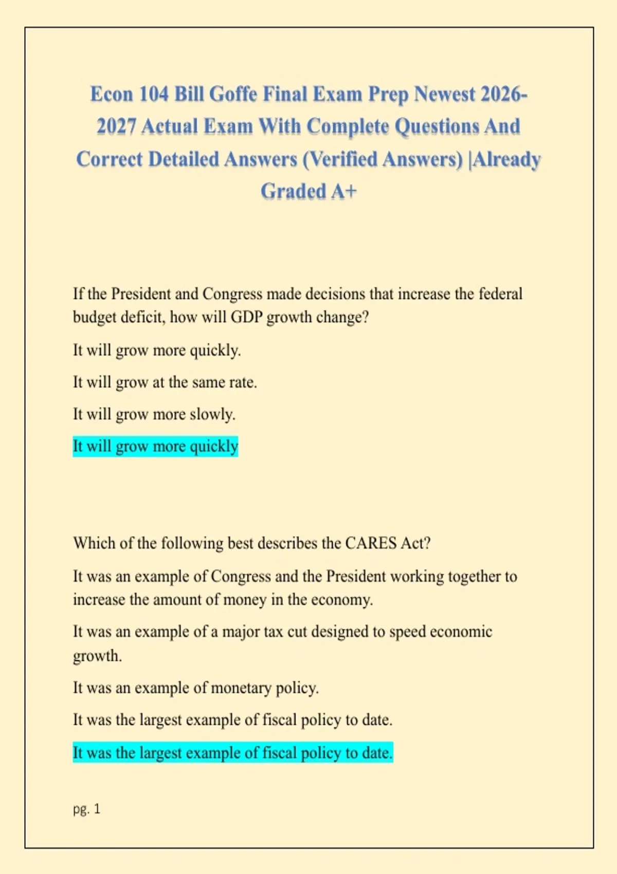 Econ 104 Bill Goffe Final Exam Prep Newest Actual Exam With Complete ...