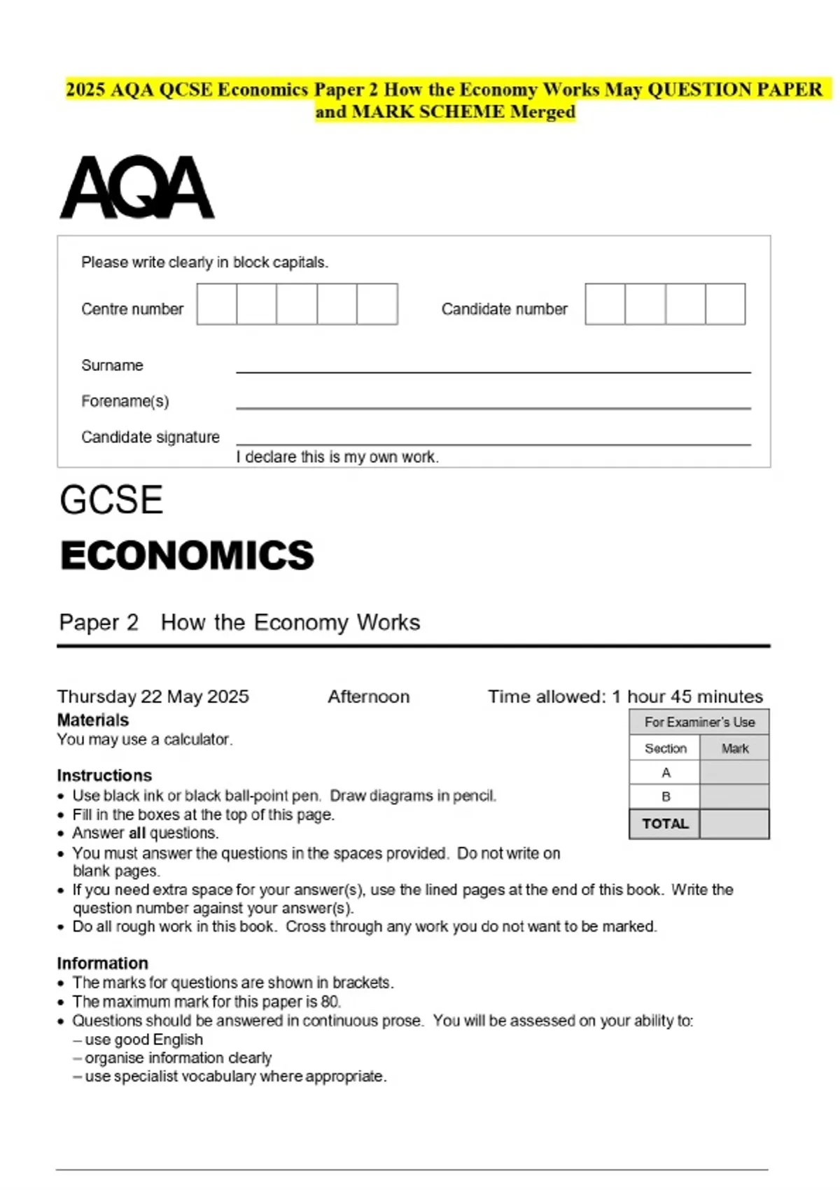 2025 AQA QCSE Economics Paper 2 How the Economy Works May QUESTION ...