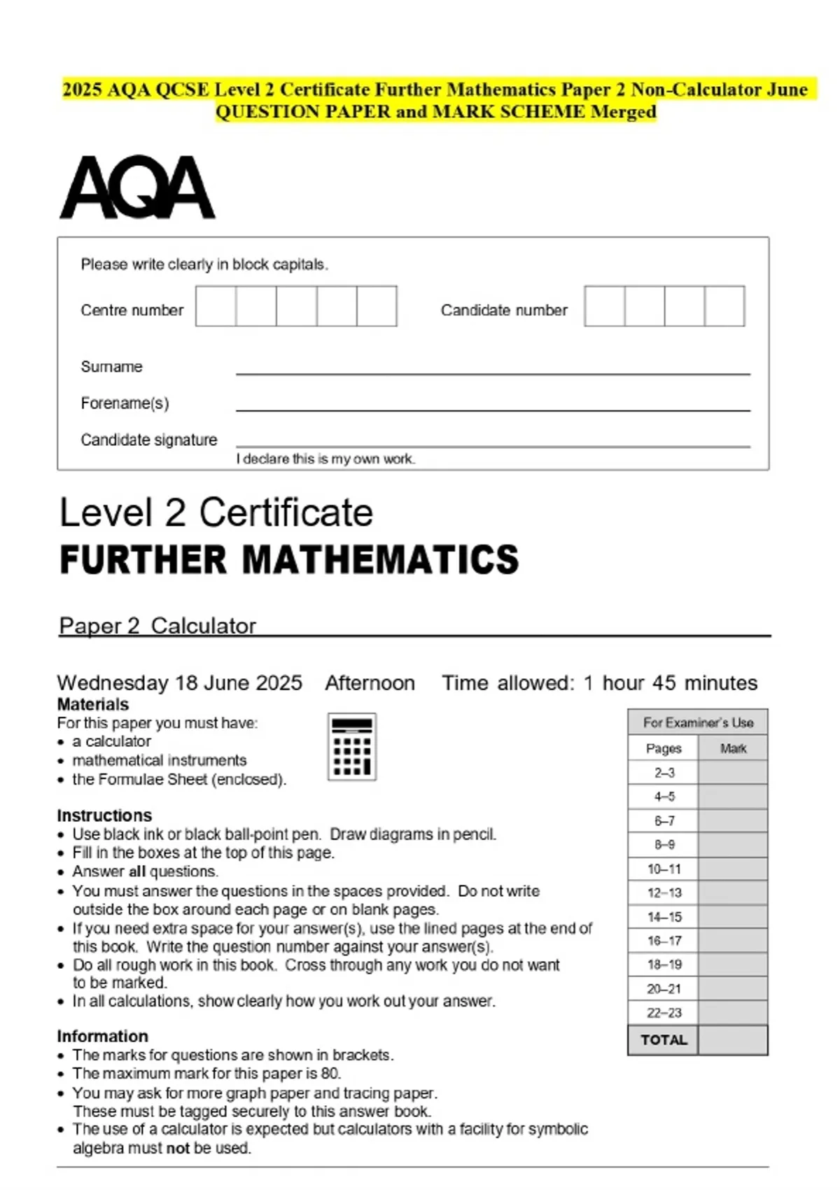 2025 AQA QCSE Level 2 Certificate Further Mathematics Paper 2 Non ...