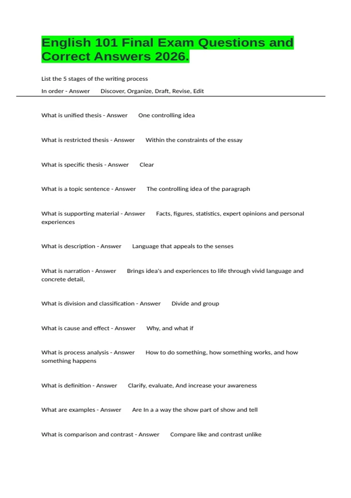 English 101 Final Exam Questions and Correct Answers 2026. - English ...