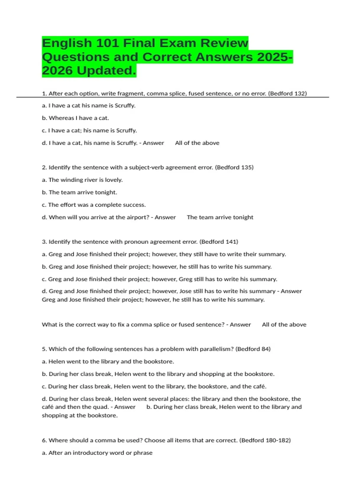 English 101 Final Exam Review Questions and Correct Answers Updated ...