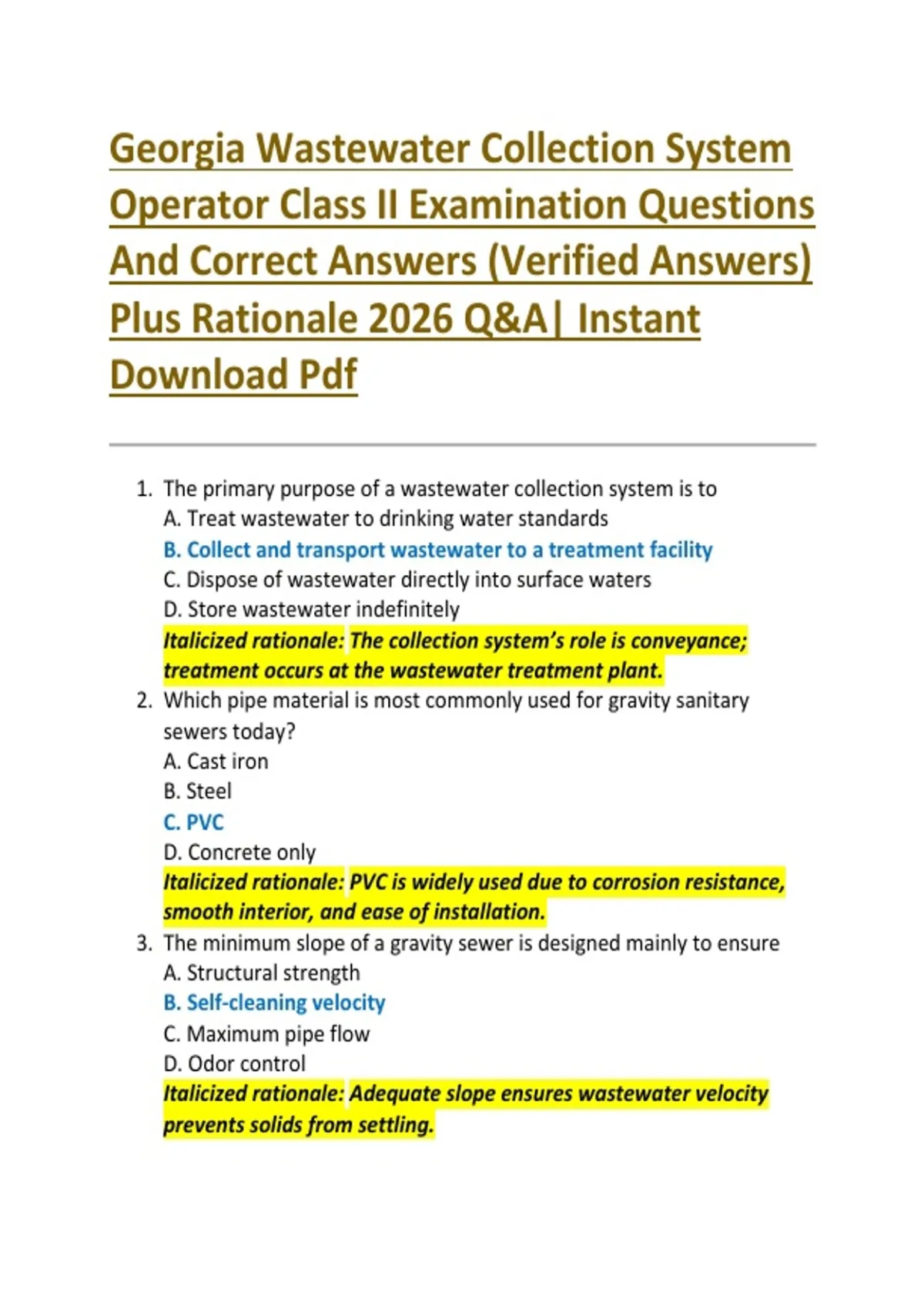 Collection System Operator Georgia Wastewater Collection System Operator Class II Examination ...