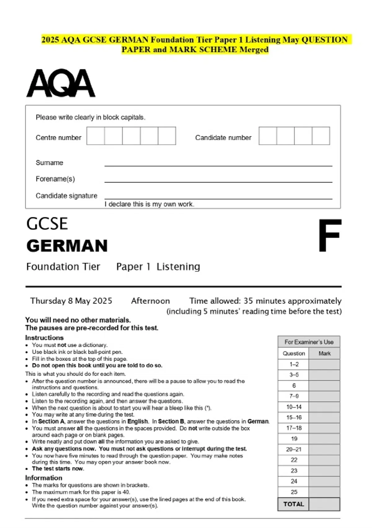 2025 AQA GCSE GERMAN Foundation Tier Paper 1 Listening May QUESTION ...