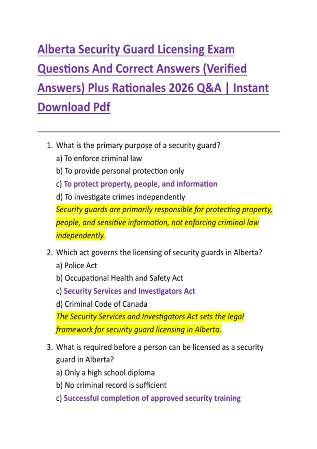 Alberta Security Guard Licensing Exam Questions And Correct Answers ...