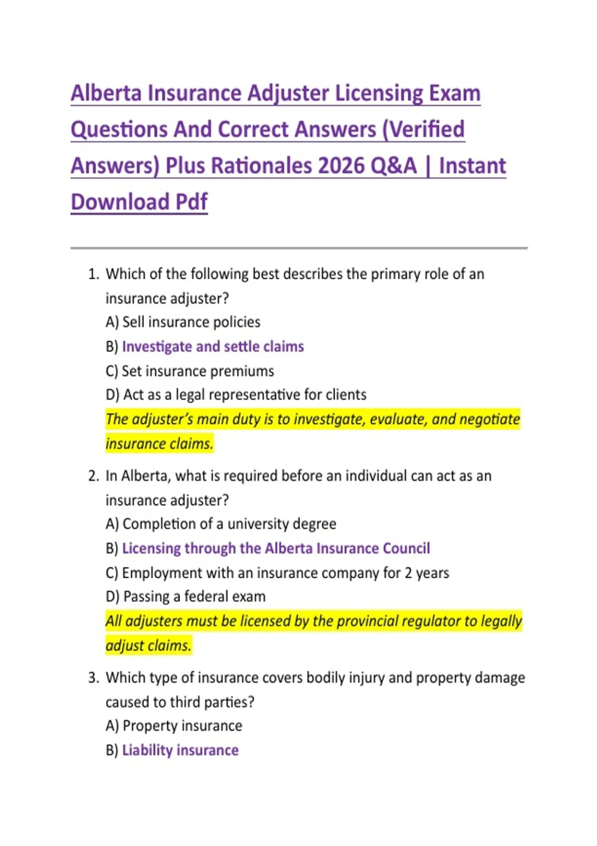 Alberta Insurance Adjuster Licensing Exam Questions And Correct Answers ...