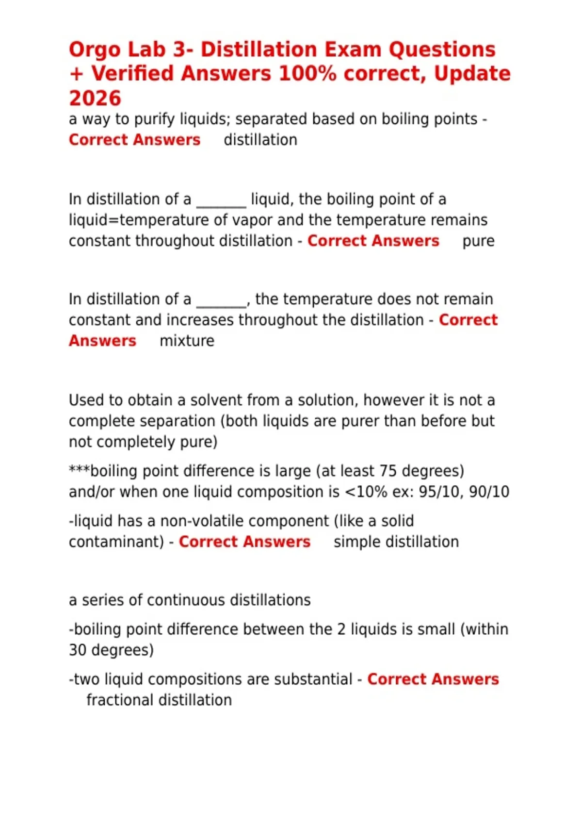 Orgo Lab 3- Distillation Exam Questions + Verified Answers 100- correct ...