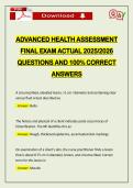 ADVANCED HEALTH ASSESSMENT FINAL EXAM ACTUAL 2026 QUESTIONS AND 100&percnt; CORRECT ANSWERS