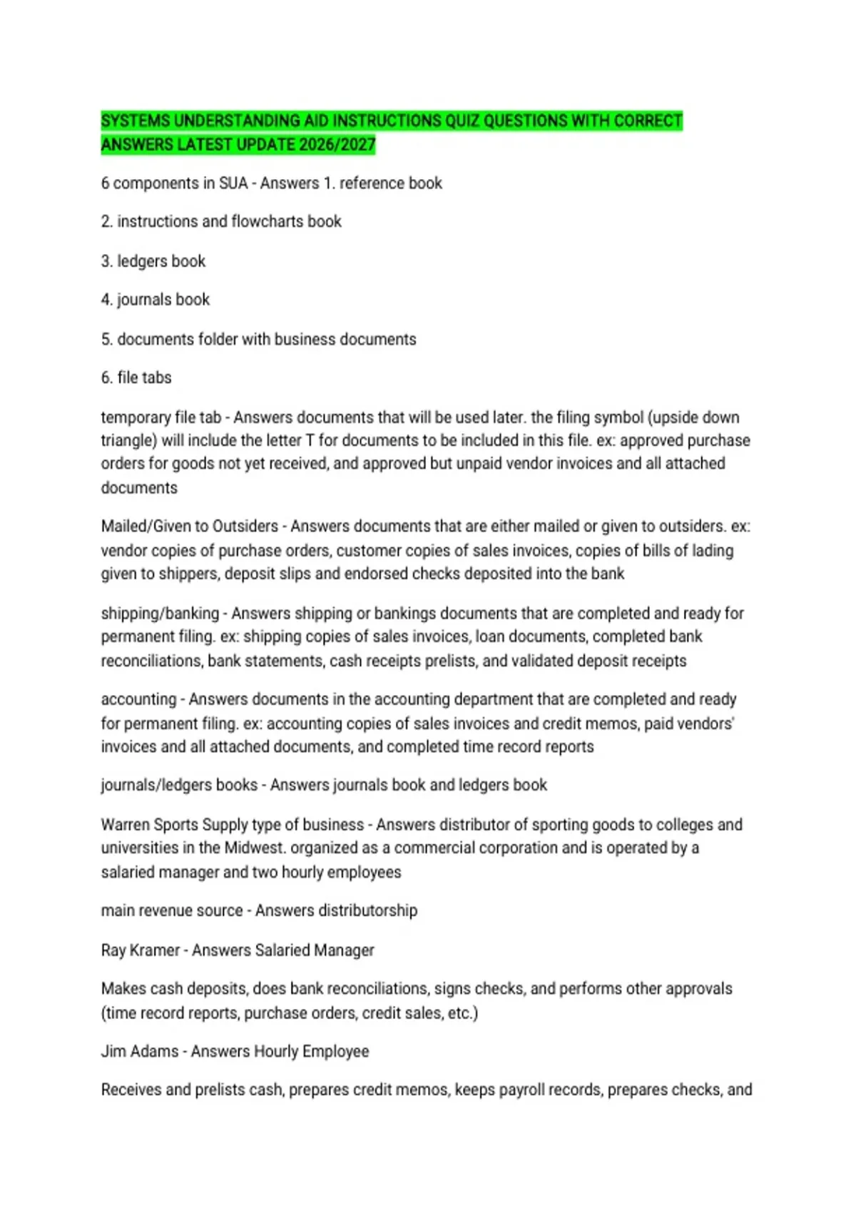 Systems Understanding Aid Answer Key SYSTEMS UNDERSTANDING AID INSTRUCTIONS QUIZ QUESTIONS WITH CORRECT ...