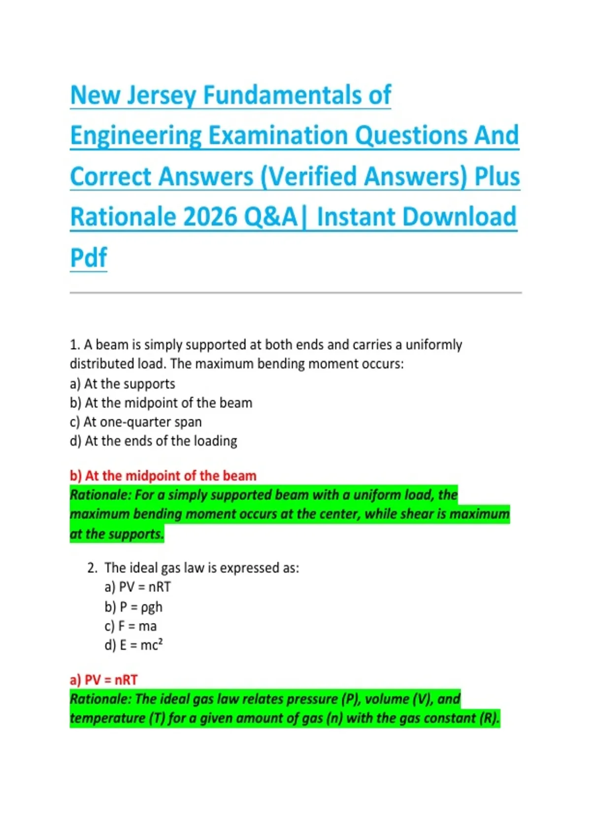 Jama Engineering Test Example New Jersey Fundamentals of Engineering Examination Questions And ...