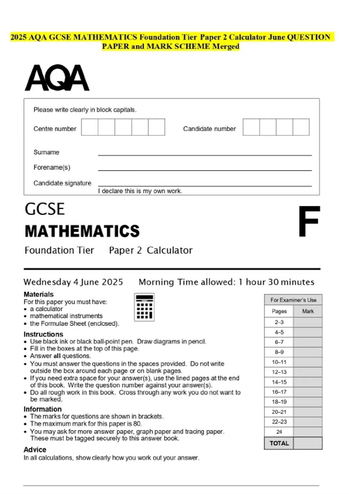 2025 AQA GCSE MATHEMATICS Foundation Tier Paper 2 Calculator June ...