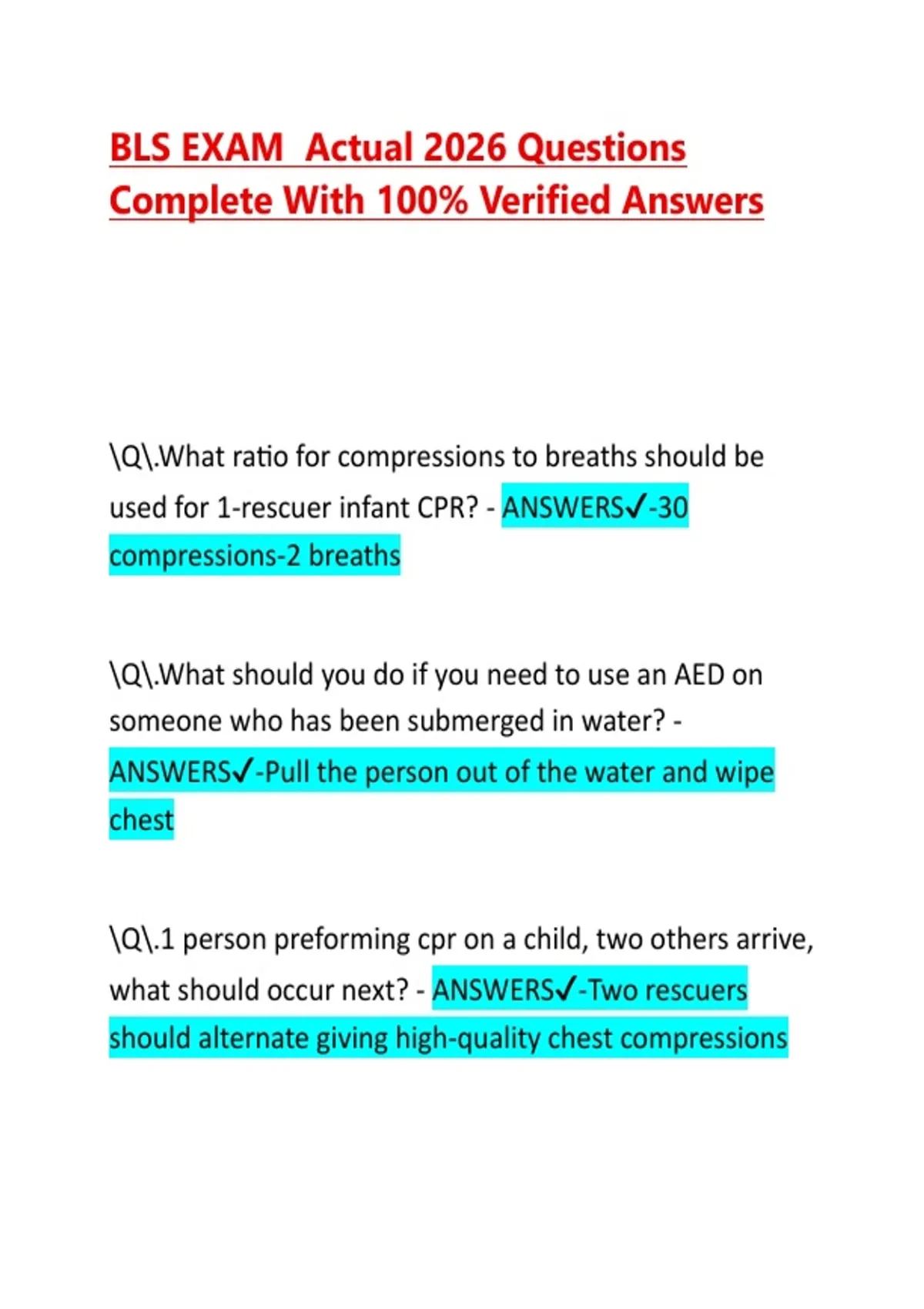 BLS EXAM Actual 2026 Questions Complete With 100% Verified Answers ...