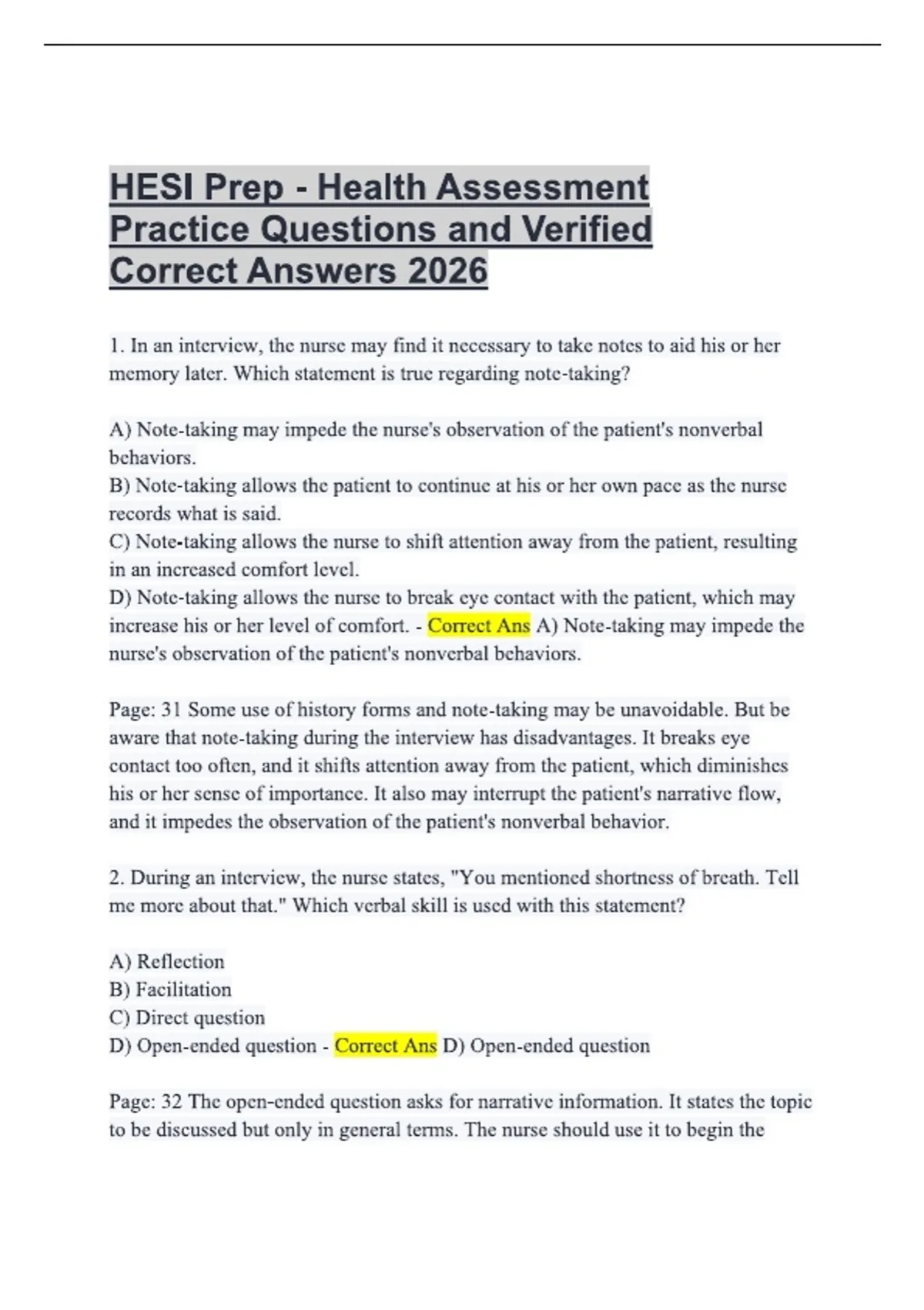HESI Prep - Health Assessment Practice Questions Exam 2026 Actual with ...