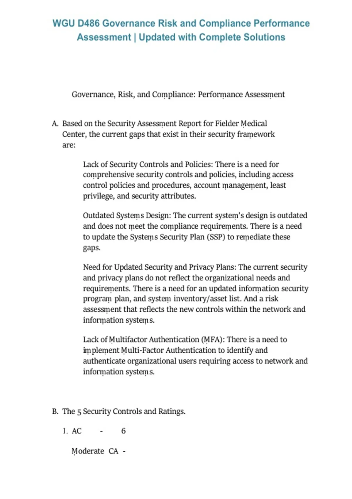 WGU D486 Governance, Risk, and Compliance – Performance Assessment ...
