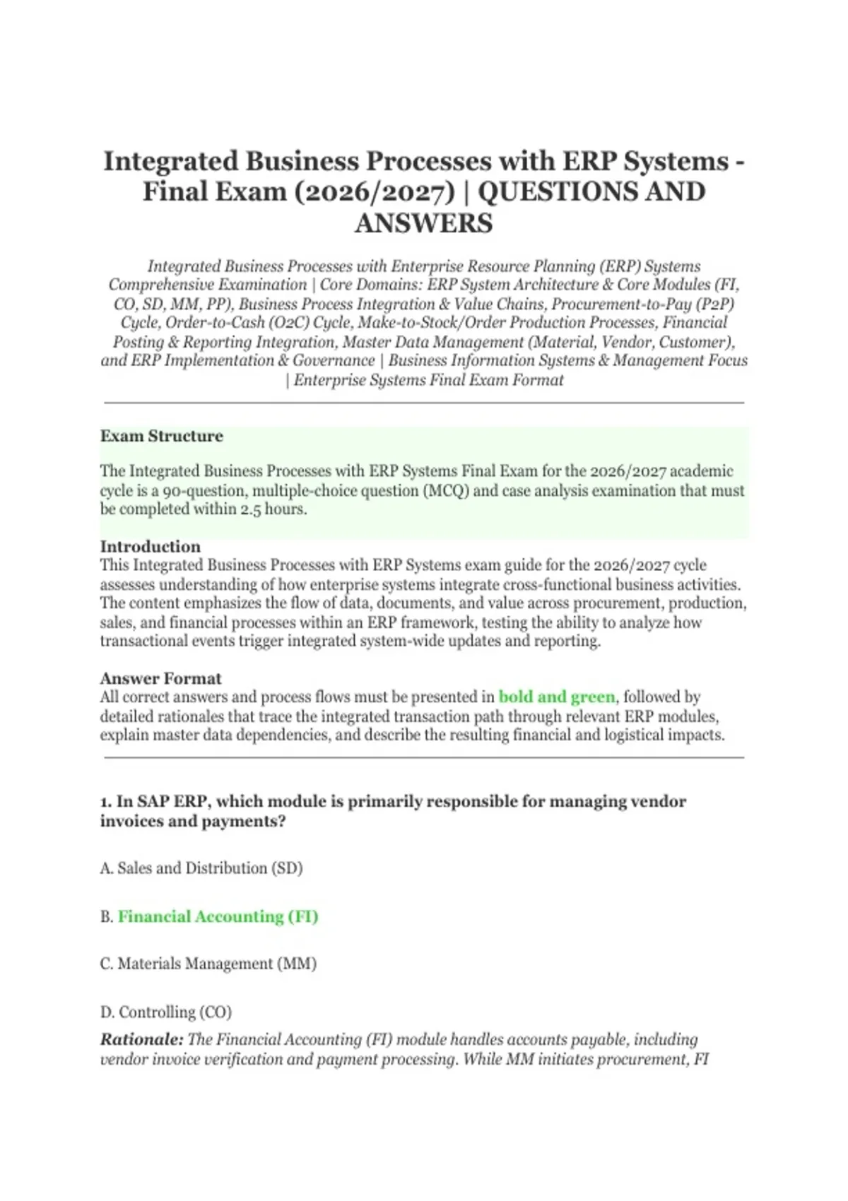 Integrated Business Processes with ERP Systems Final Exam 2026/2027 ...