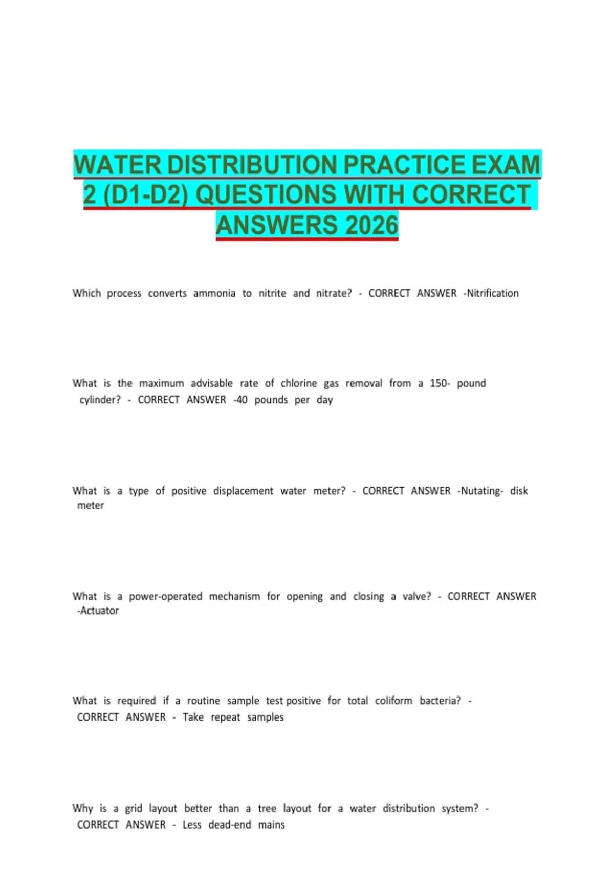 WATER DISTRIBUTION PRACTICE EXAM 2 (D1-D2) QUESTIONS WITH CORRECT ...