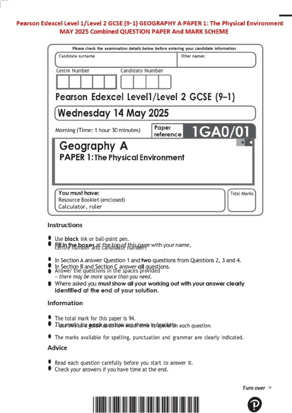 Pearson Edexcel Level 1/Level 2 GCSE (9–1) GEOGRAPHY A PAPER 1: The ...