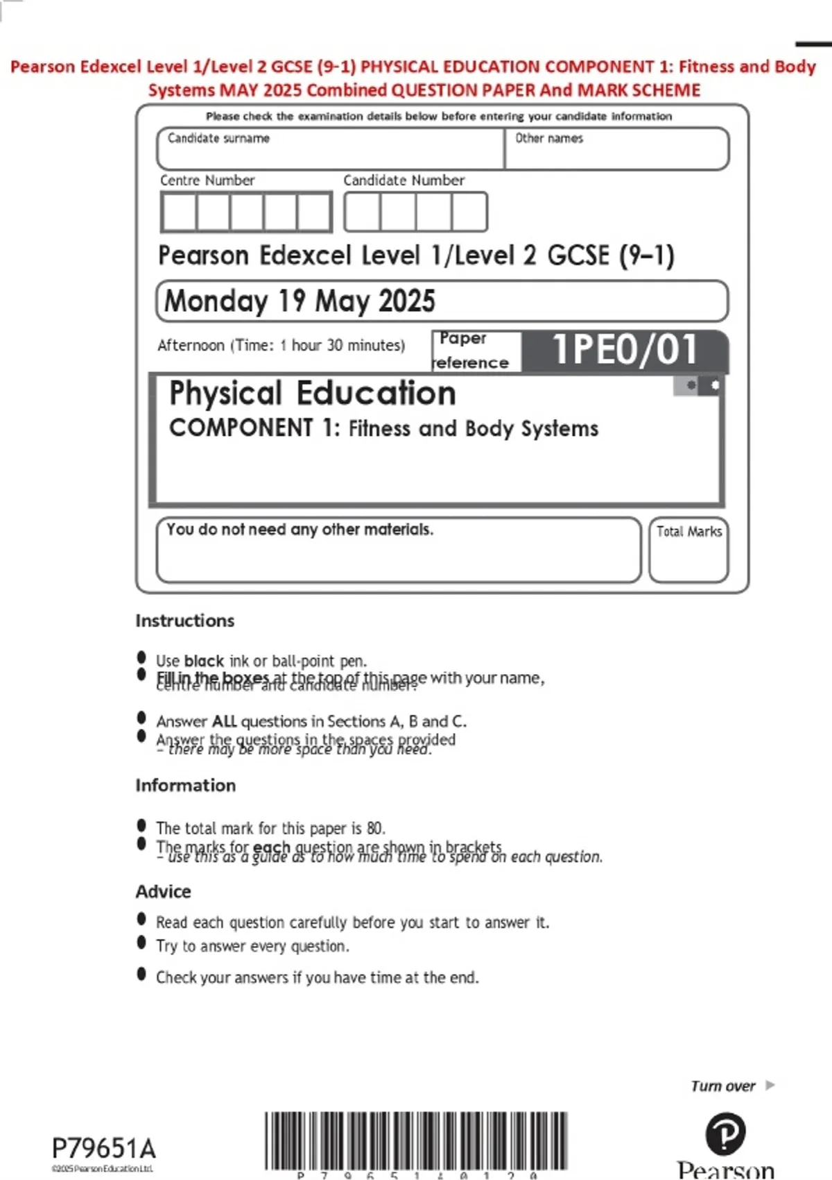 Pearson Edexcel Level 1/Level 2 GCSE (9–1) PHYSICAL EDUCATION COMPONENT ...
