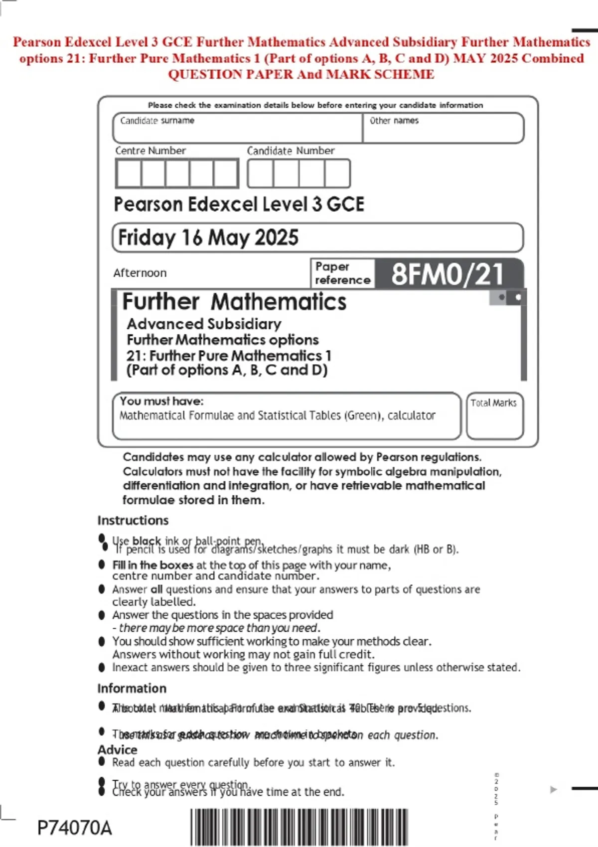 Pearson Edexcel Level 3 GCE Further Mathematics Advanced Subsidiary ...