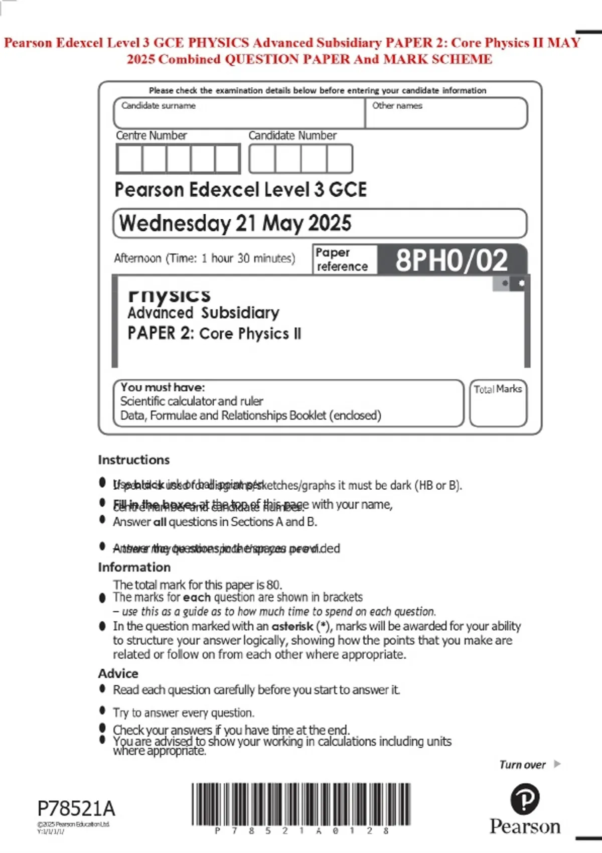 Pearson Edexcel Level 3 GCE PHYSICS Advanced Subsidiary PAPER 2: Core ...