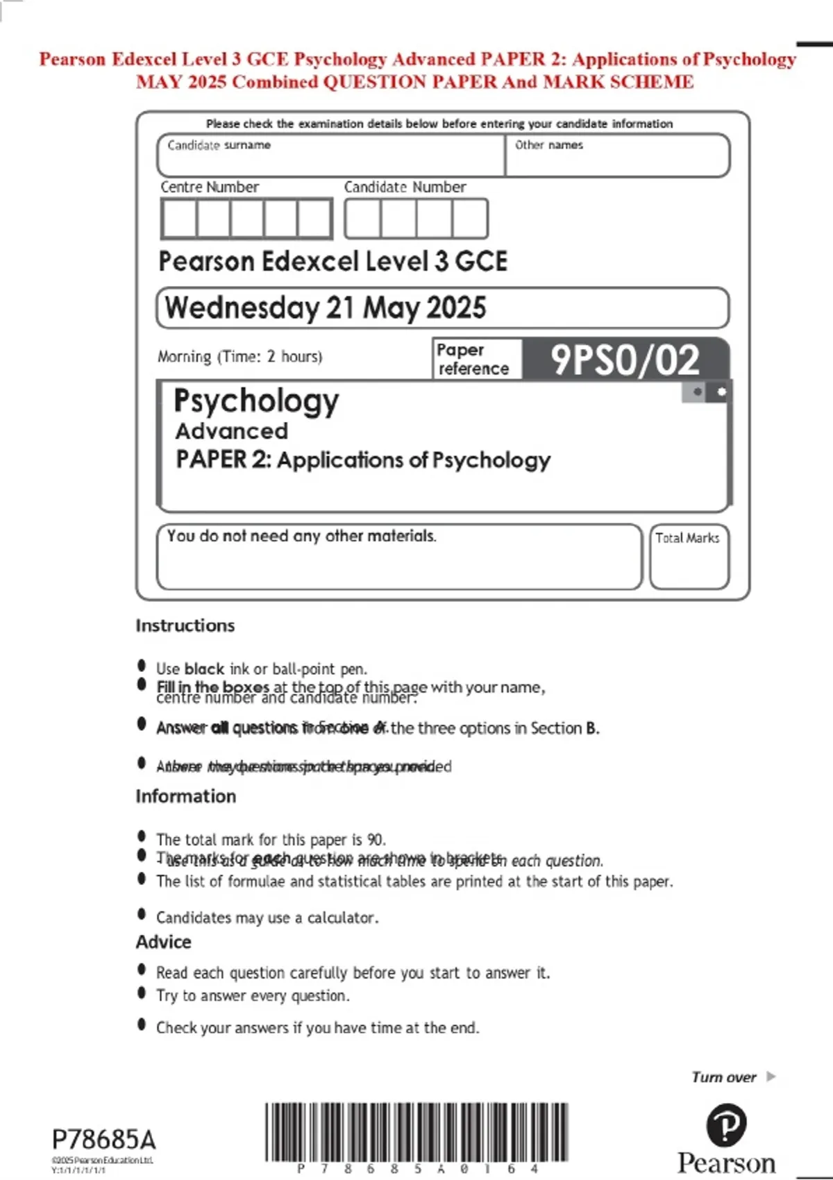 Pearson Edexcel Level 3 GCE Psychology Advanced PAPER 2: Applications ...