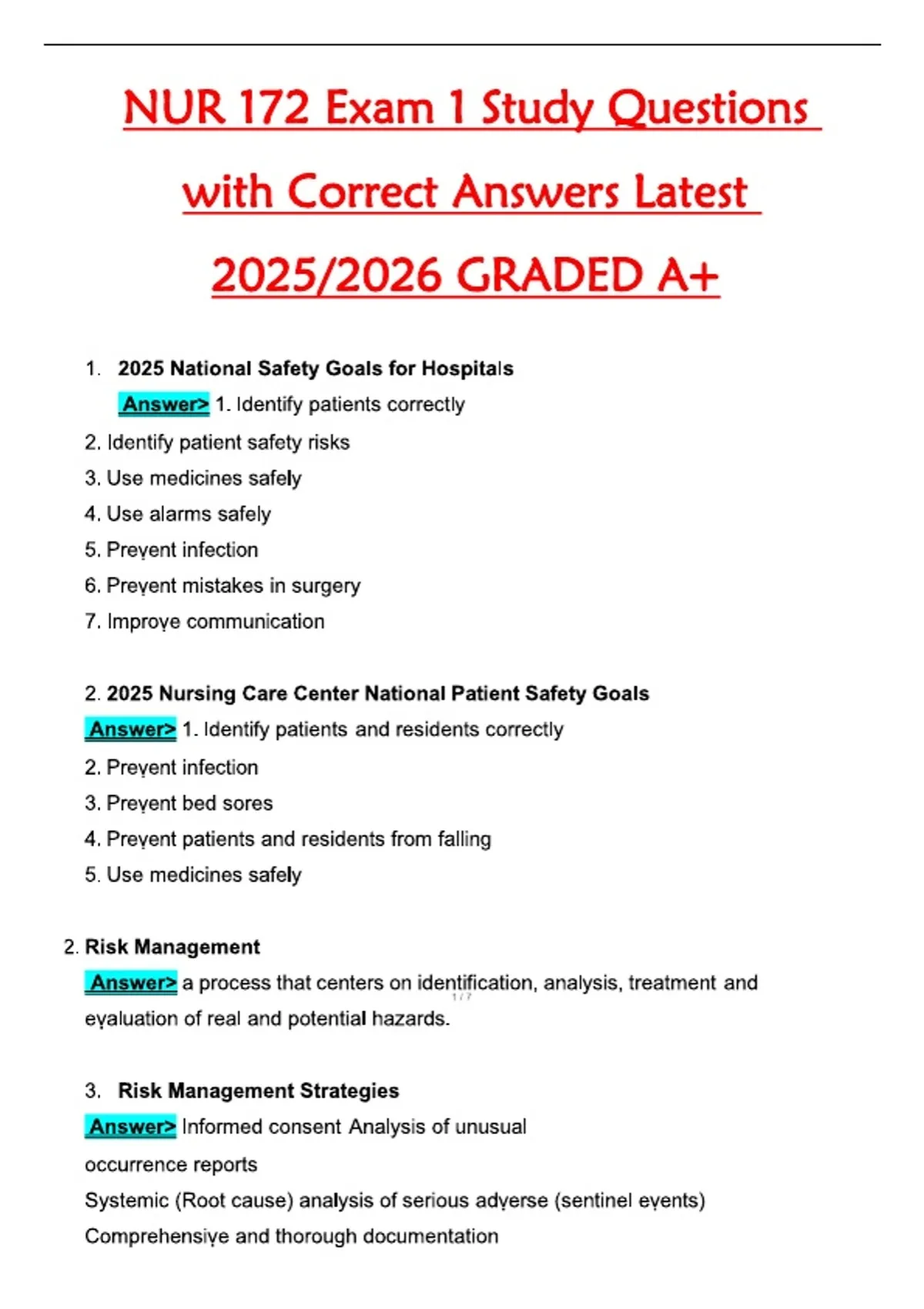 NUR 172 Exam 1 Study Questions with Correct Answers Latest 2025/2026 ...