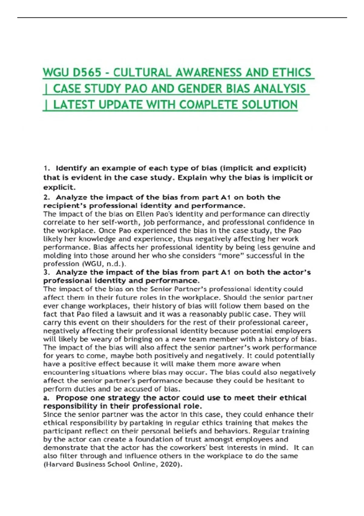 WGU D565 - CULTURAL AWARENESS AND ETHICS | CASE STUDY PAO AND GENDER ...