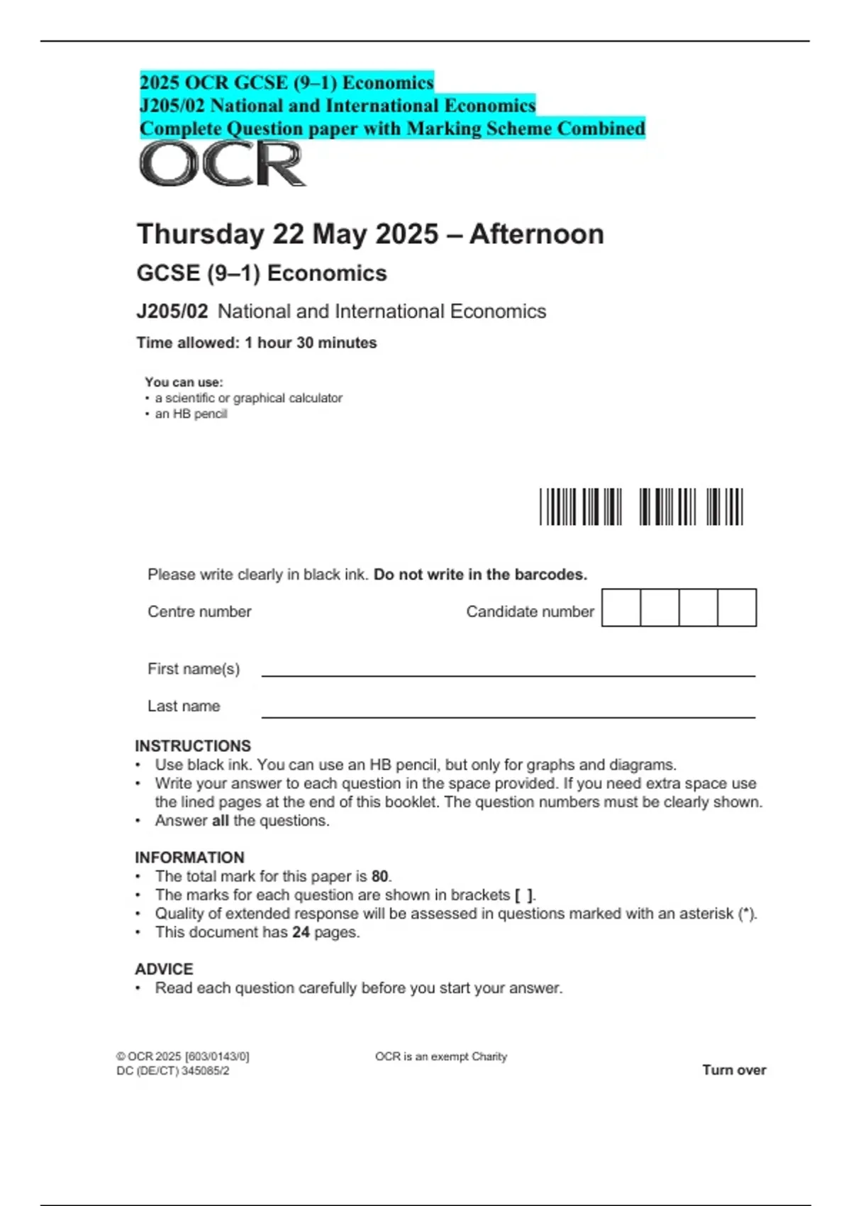 OCR GCSE Economics 2025 J205/02 Question Paper Mark Scheme National and ...