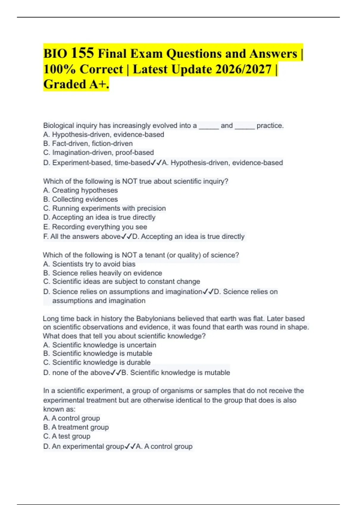 BIO 155 Final Exam Questions and Answers | 100% Correct | Latest Update ...