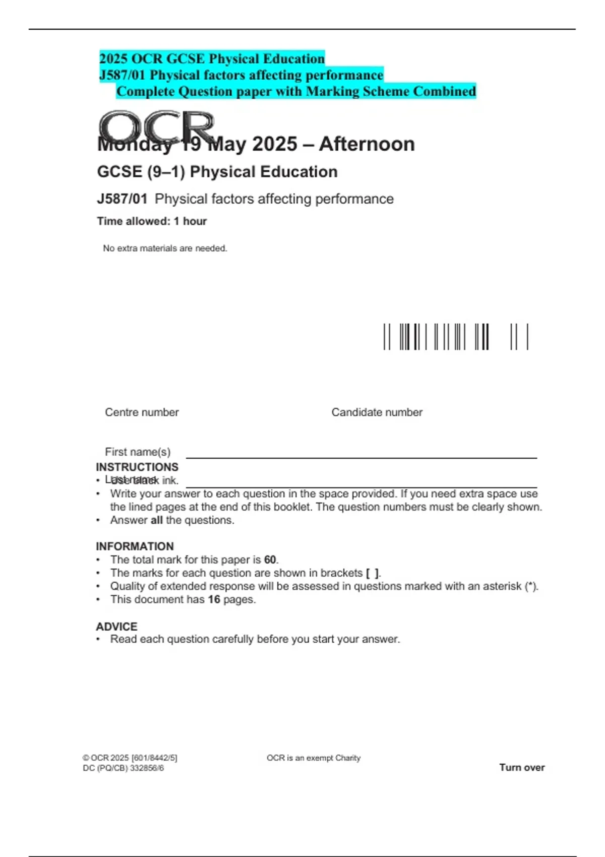 OCR GCSE Physical Education J587/01 Physical Factors Affecting ...