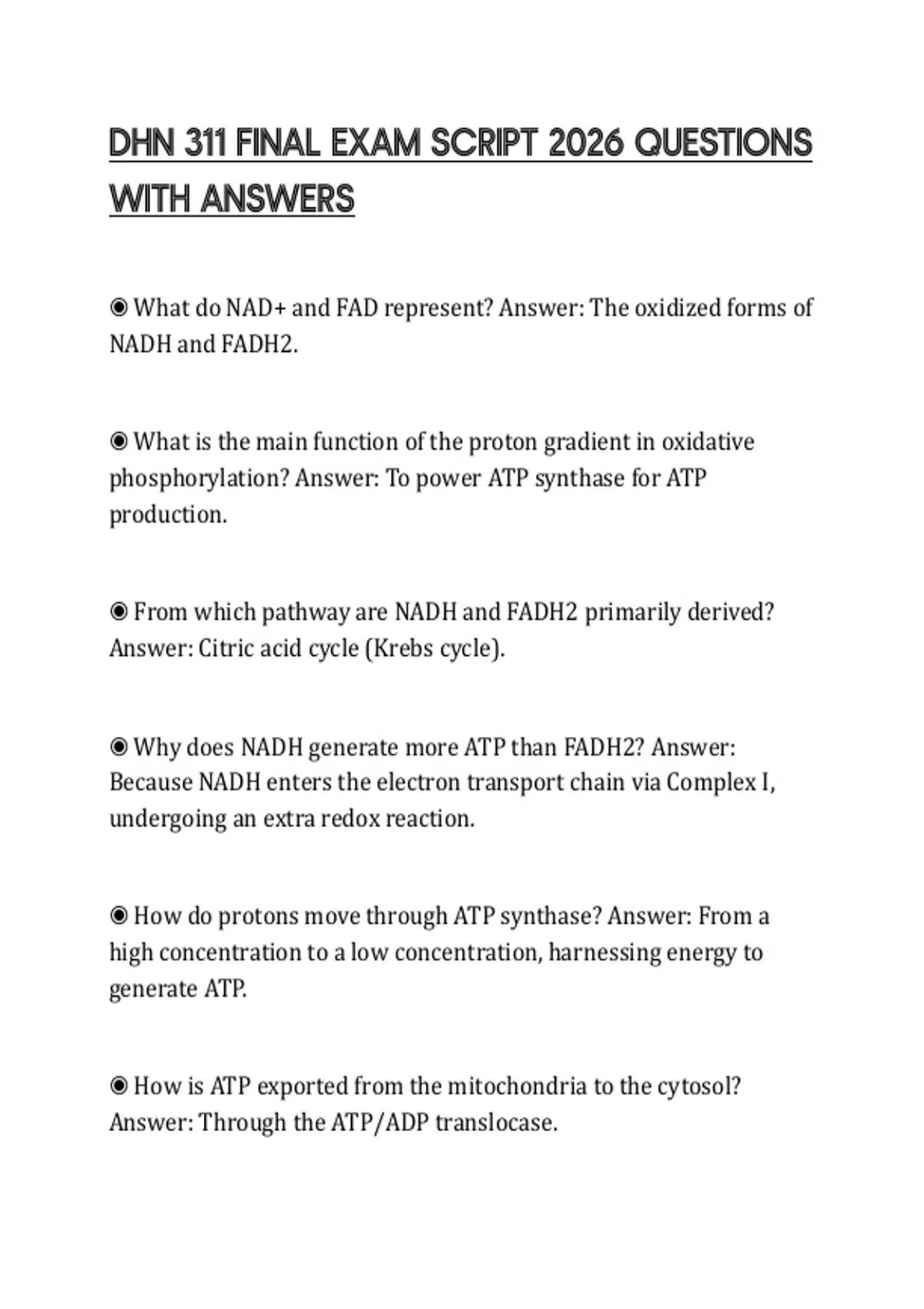 DHN 311 FINAL EXAM SCRIPT 2026 QUESTIONS WITH ANSWERS - DHN 31 - Stuvia US