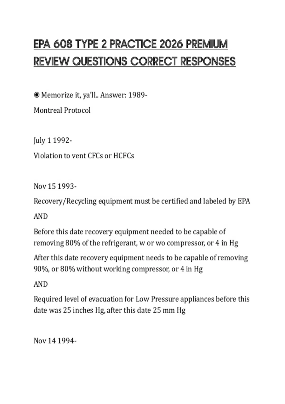 EPA 608 TYPE 2 PRACTICE 2026 PREMIUM REVIEW QUESTIONS CORRECT RESPONSES ...