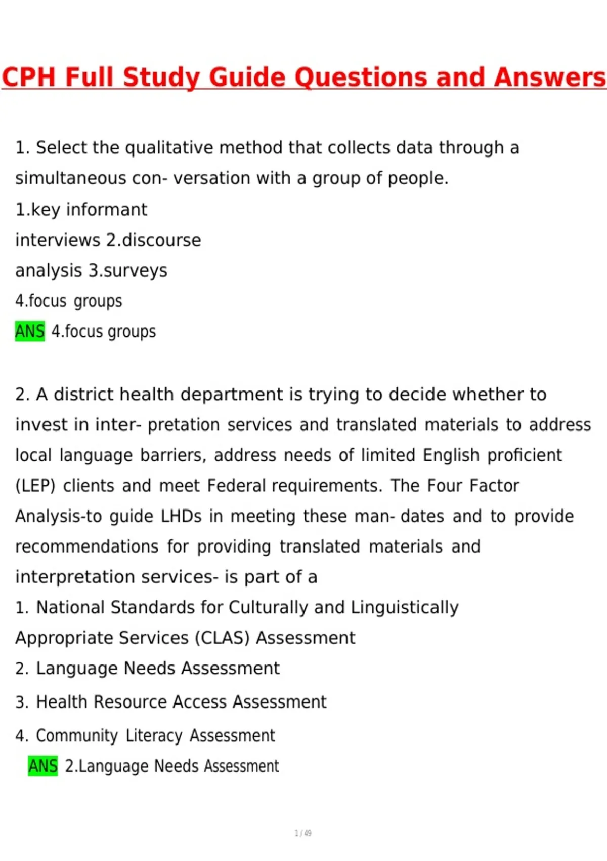 CPH Full Study Guide 2026 | Questions with 100% Correct Answers Complete | Updated 2026 / 2027 ...