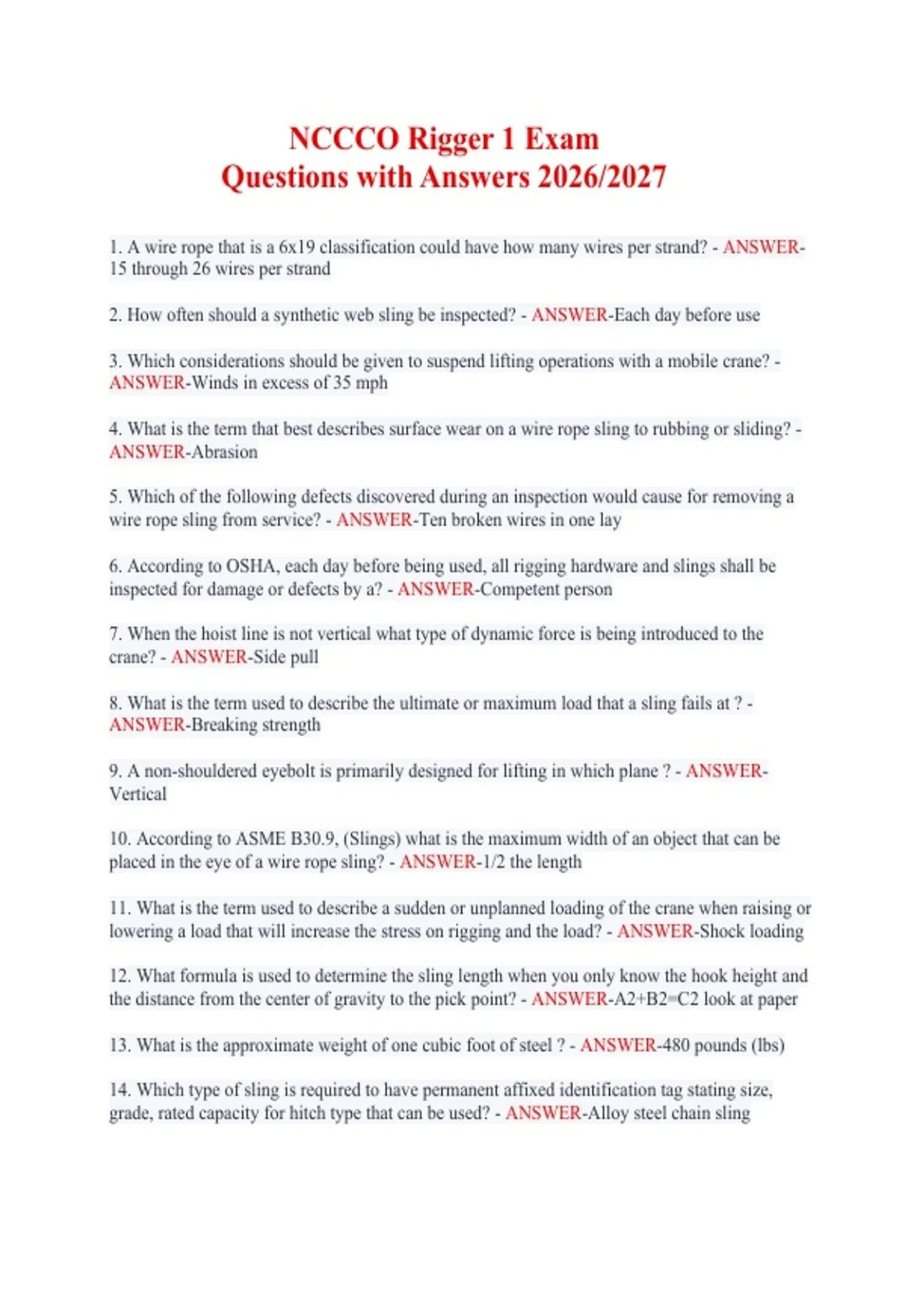 NCCCO Rigger 1 Exam Questions & Answers 2026/2027 – Study Guide ...