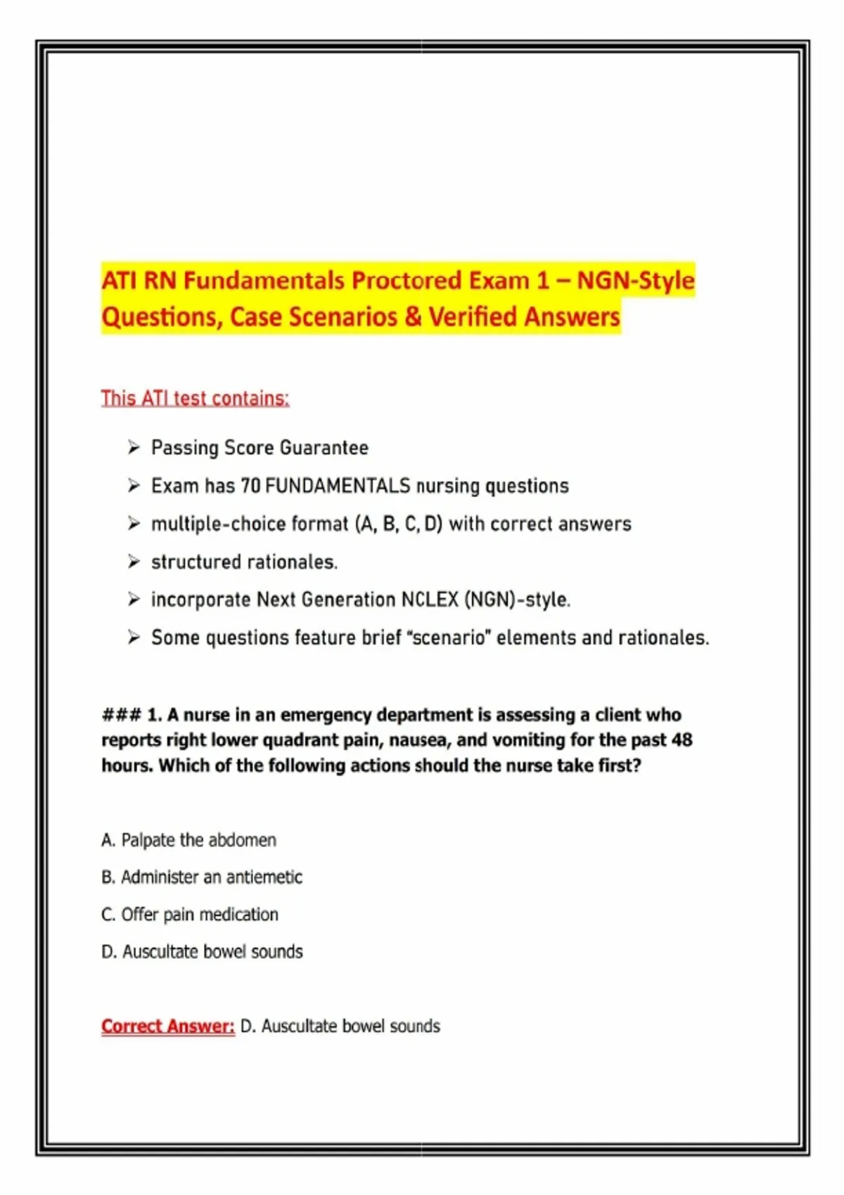 ATI RN Fundamentals Proctored Exam 1 – NGN Style Questions, Case ...