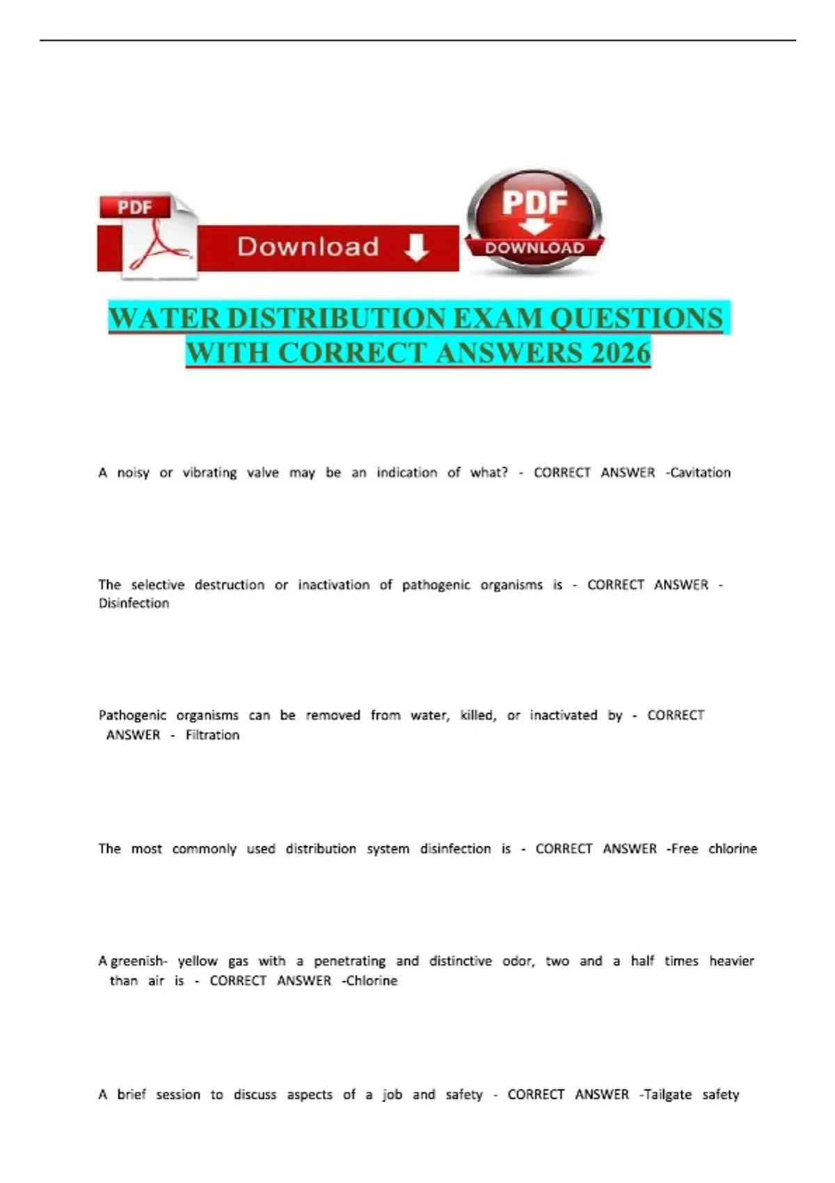WATER DISTRIBUTION EXAM QUESTIONS WITH CORRECT ANSWERS 2026 - WATER ...