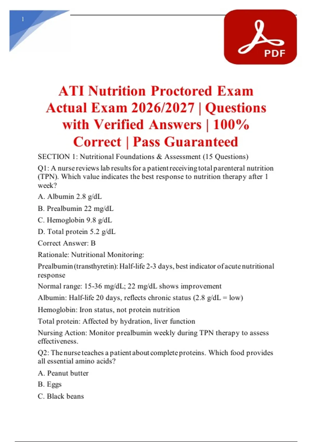 ATI Nutrition Proctored Exam Actual Exam 2026/2027 | Questions with ...