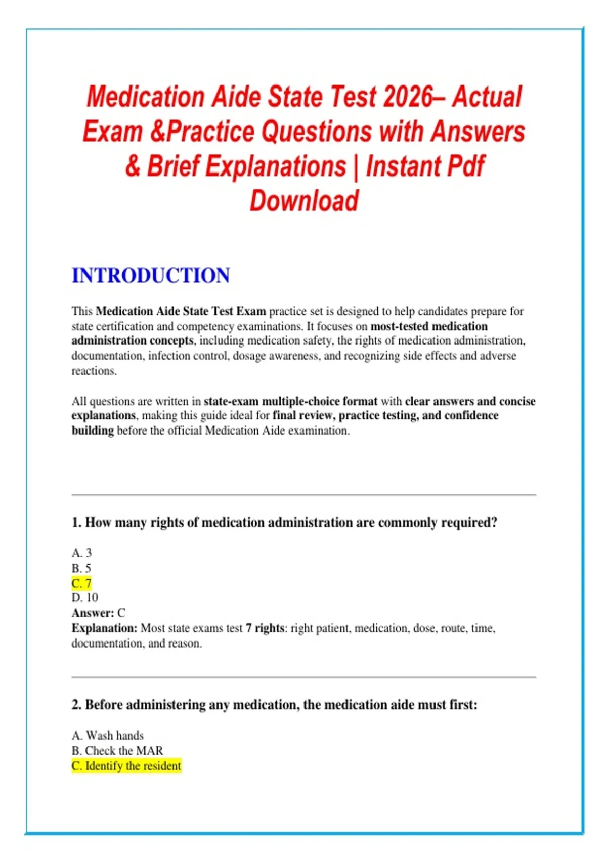 Medication Aide State Test 2026– Actual Exam &Practice Questions with ...