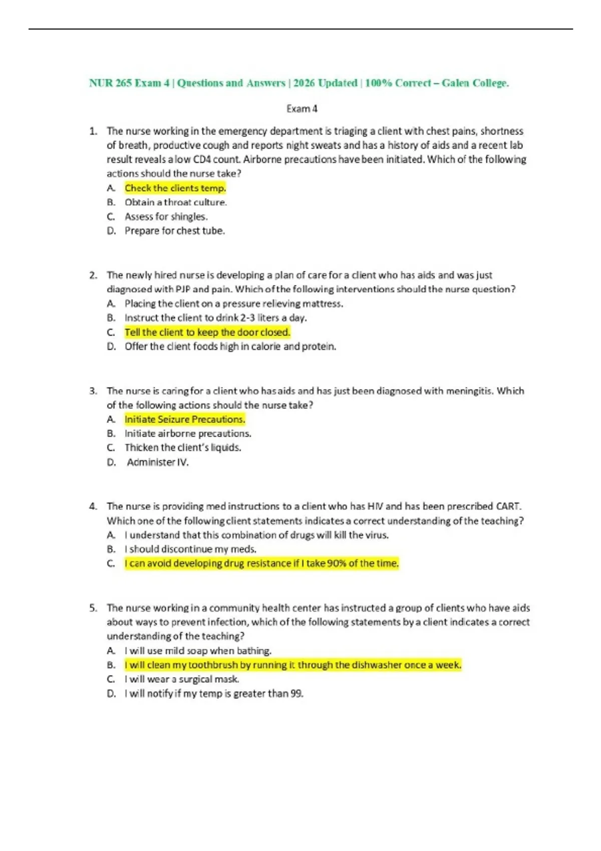 NUR 265 Exam 4 | Questions and Answers | 2026 Updated | 100% Correct ...